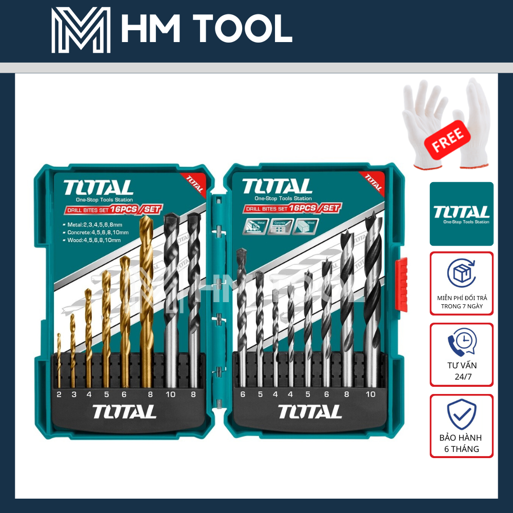 Bộ 16 mũi khoan đa năng total - khoan bê tông, sắt thép, gỗ - loại hộp đựng