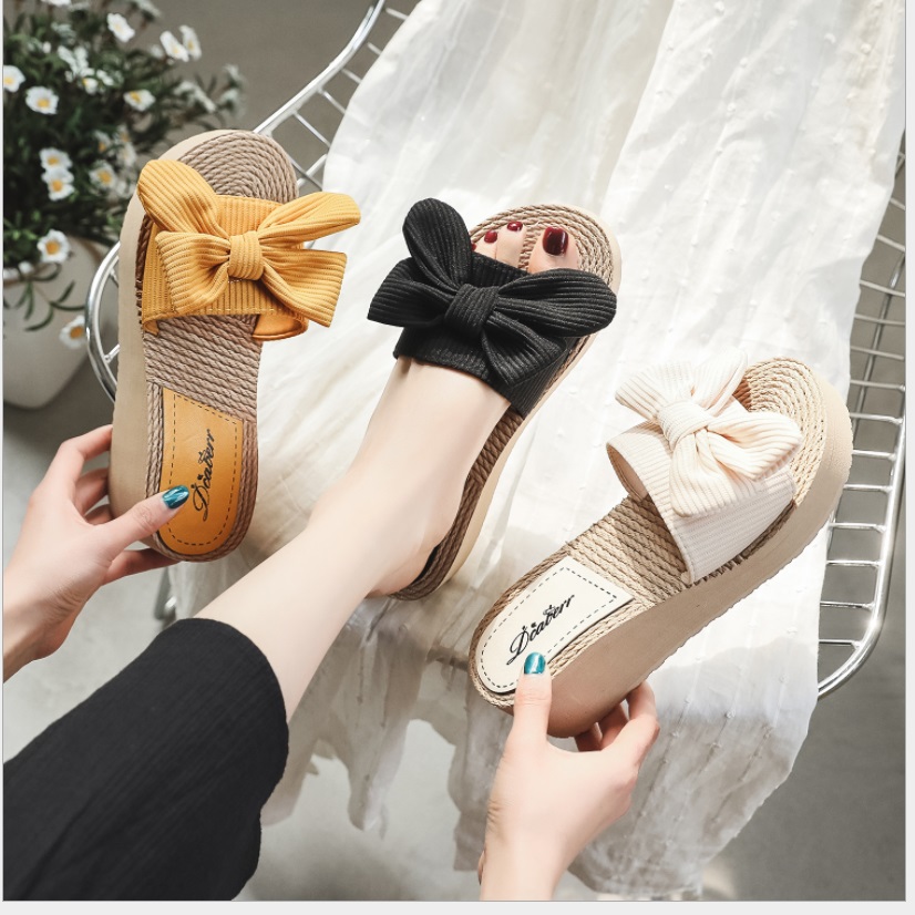 Dép nữ dép lê quai ngang đính nơ dép đế xuồng bánh mì cao 5,5cm