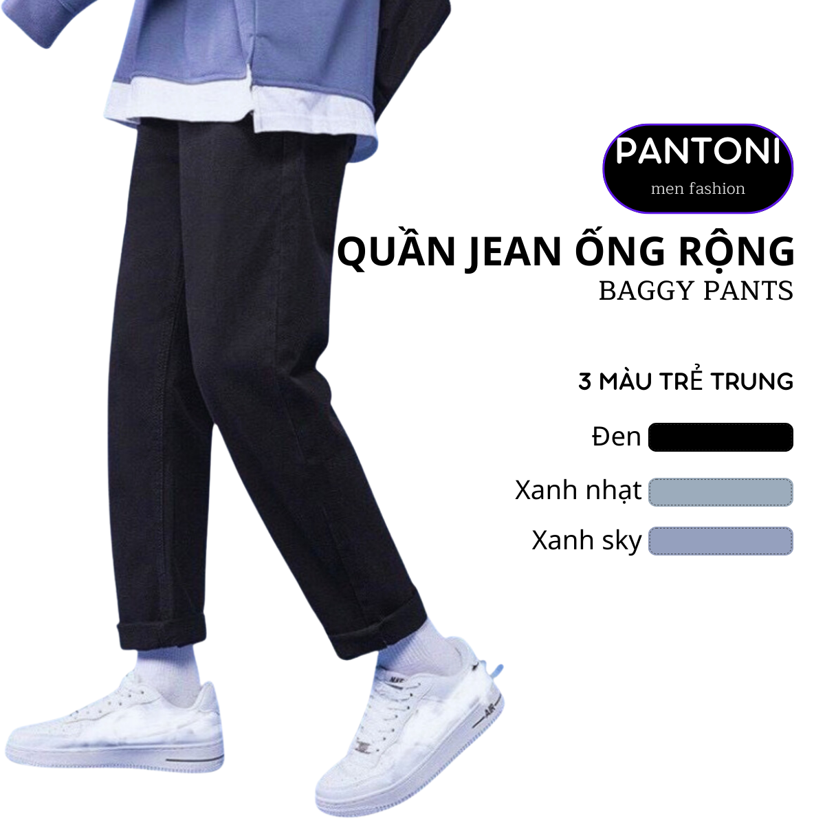 Quần jean baggy nam Pantoni, quần bò ống rộng dáng suông dày dặn lên form siêu đẹp