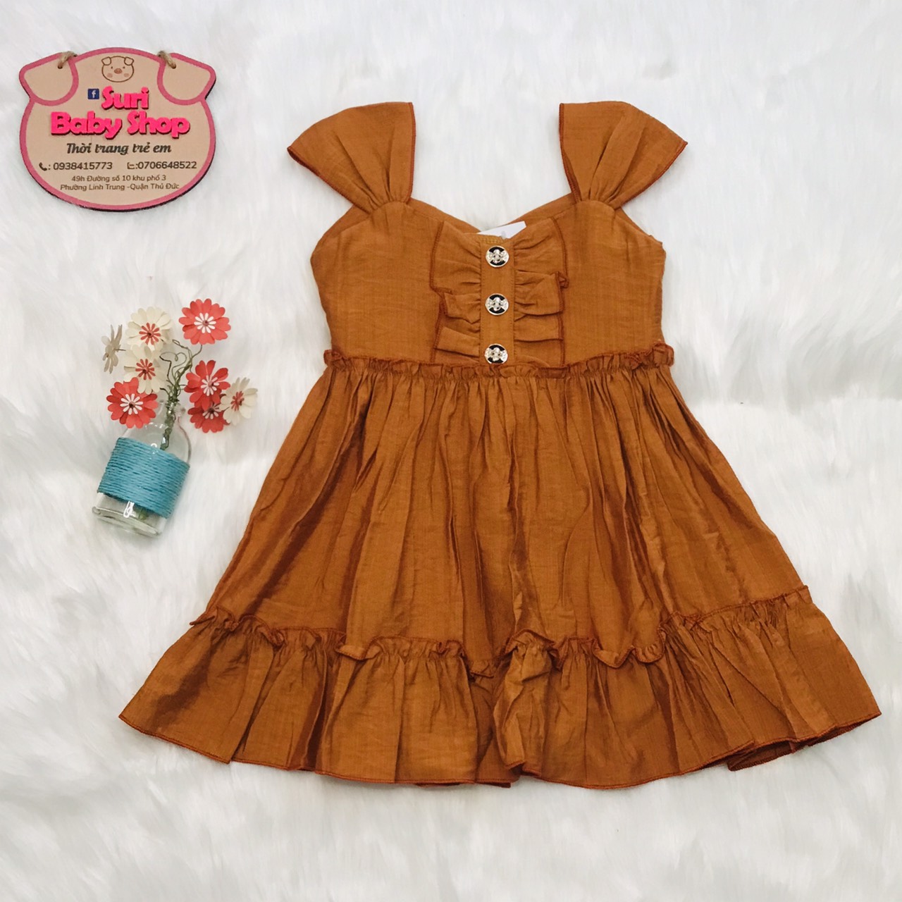 [HCM]Đầm form xoè nâu vải đũi mềm (12-28kg) #đầm