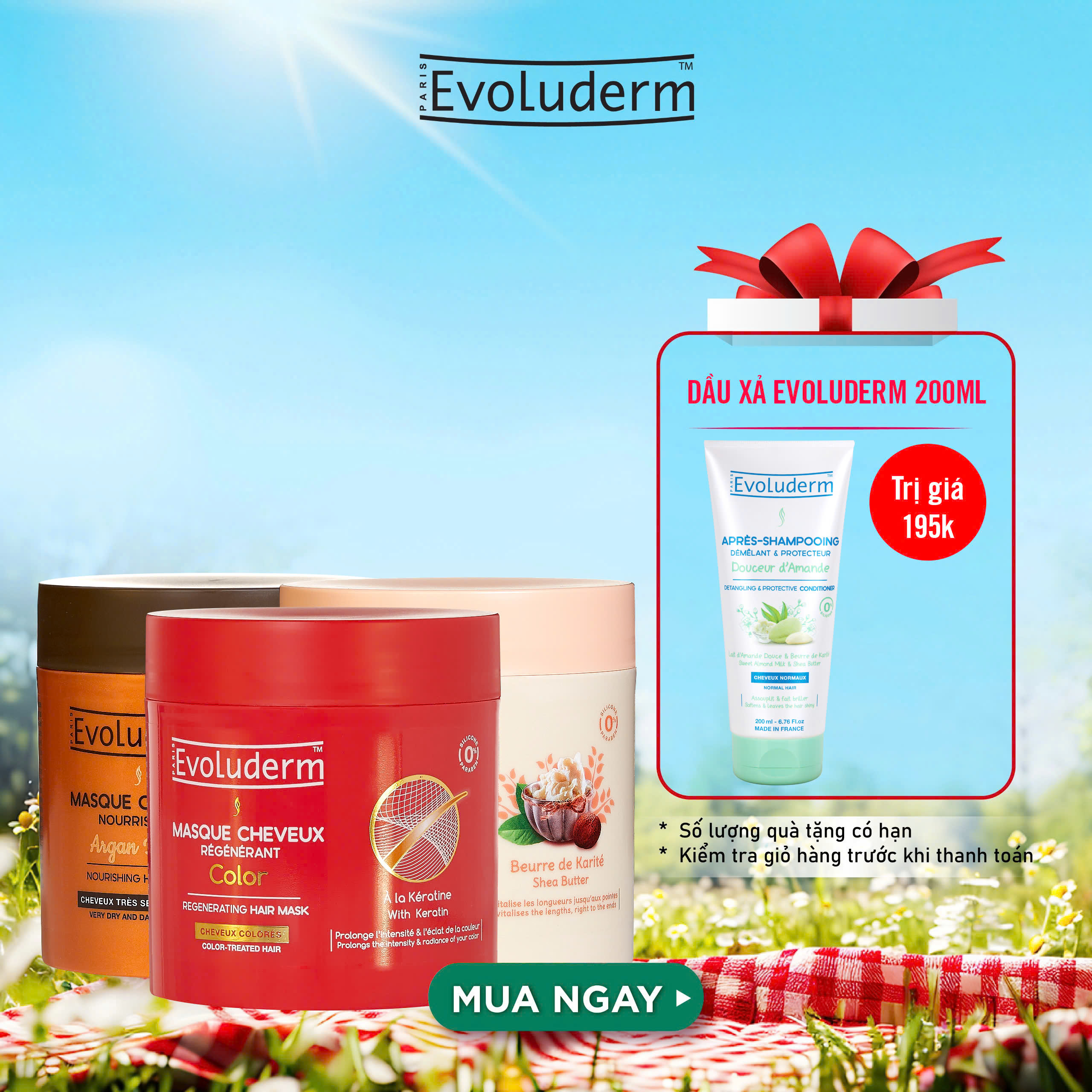Kem ủ phục hồi và nuôi dưỡng tóc Bơ Hạt Mỡ Masque Cheveux Karite Evoluderm dành cho tóc dài và chẻ ngọn 500ml