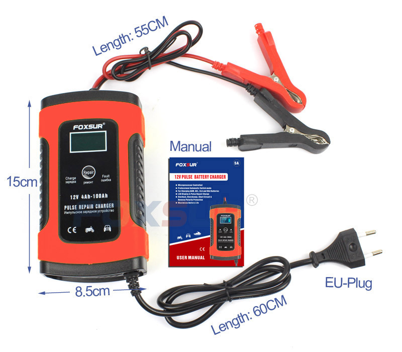 Sạc bình ắc quy 12v FOXSUR sạc bình dung lượng 4Ah-100Ah có chức năng phục hồi acquy bằng khử sunfat, thông minh tự ngắt khi đầy, chống ngược cực - Sạc acquy xe máy , acquy ô tô