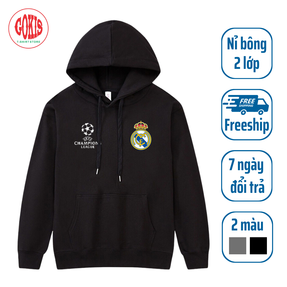 Áo hoodie Real Madrid form rộng vải nỉ bông in logo - Áo khoác nỉ dành cho fan Real có mũ trùm đầu -