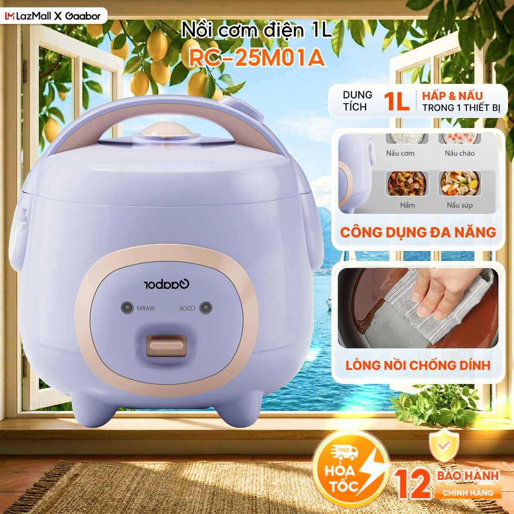 Nồi cơm điện mini Gaabor RC-25M01A 1L nấu chín nhanh, giữ ấm lâu, đa năng kèm xửng hấp - Bảo hành 12 tháng 1 đổi 1