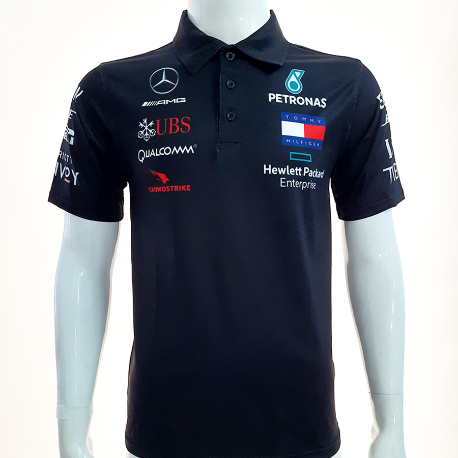 Áo thun nam có cổ tem xe Mercedes Đen