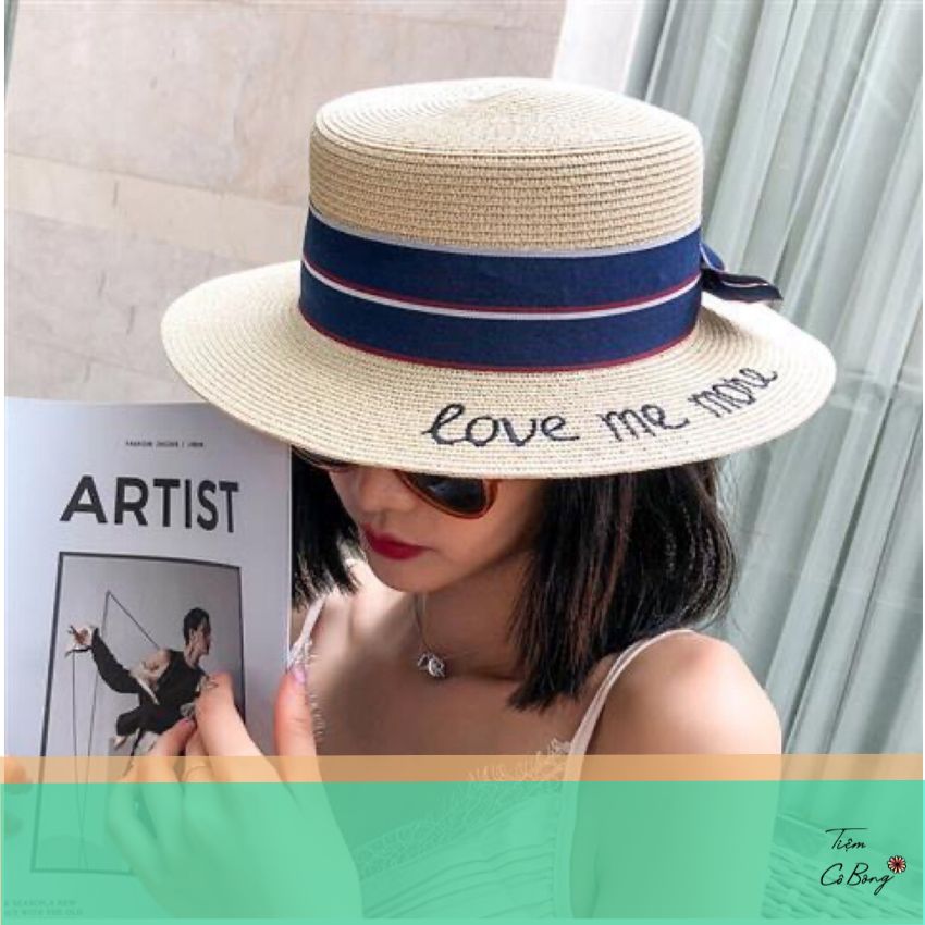 Mũ nón cói vành tròn thắt nơ sọc love me more