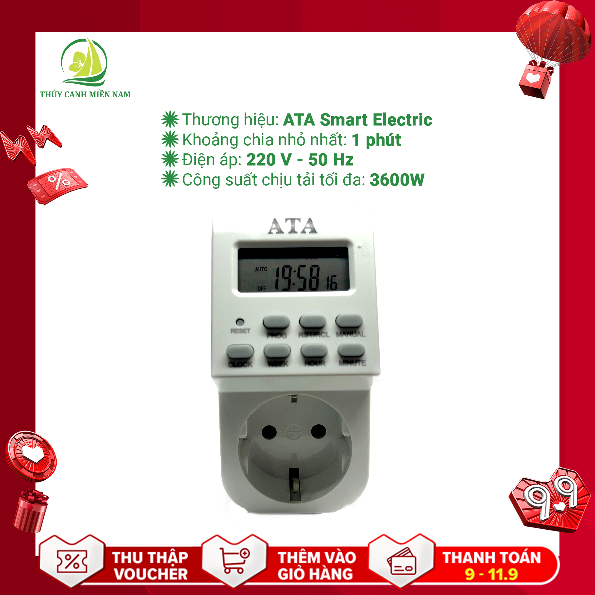 [CHÍNH HÃNG, BẢO HÀNH 6T] Timer hẹn giờ điện tử ATA Smart Electric 12V