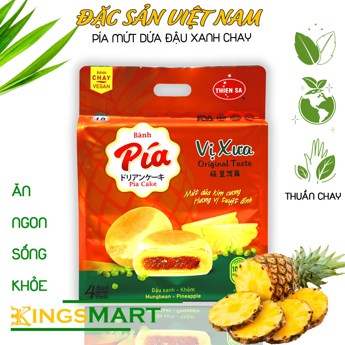 [Vị xưa] Bánh pía chay mứt dứa đậu xanh - Thương hiệu THIÊN SA - Túi 300g/4 bánh - Kingsmart
