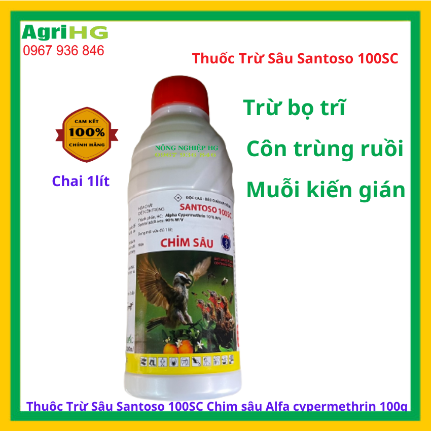 Thuốc trừ sâu Santoso 100SC - Chim sâu- chai 1Lit (Alfa cypermethrin 100g/l) Trừ bọ trĩ, côn trung ruồi muỗi kiến gián ( Vật Tư Nông Nghiệp AgriHG