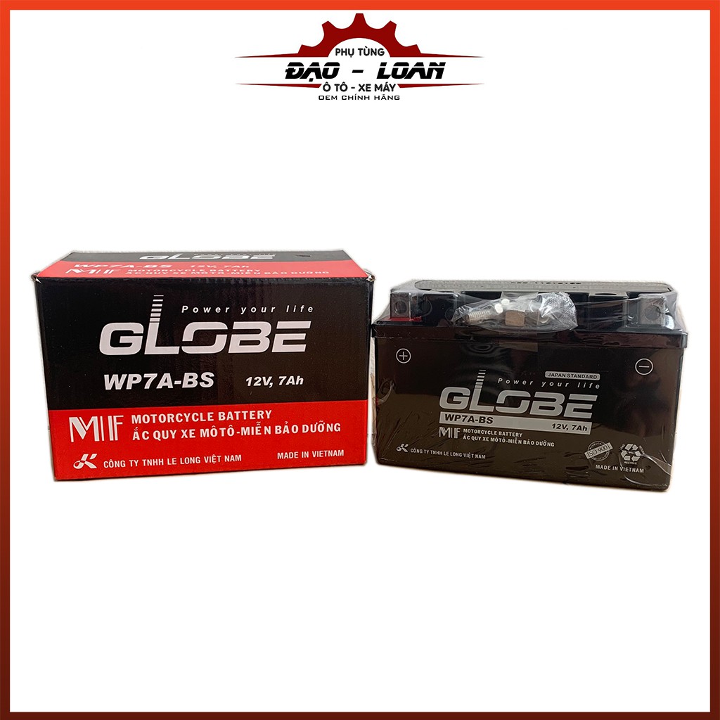 Ắc quy xe máy globe wp7a-bs | bình ắc quy lùn thấp, ắc quy khô dành cho xe máy atila, spacy ,vespa, zip, môtô