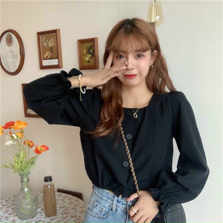 Áo kiểu nữ mẫu mới cổ vuông cài nút tay dài kèm ảnh thật shop chụp