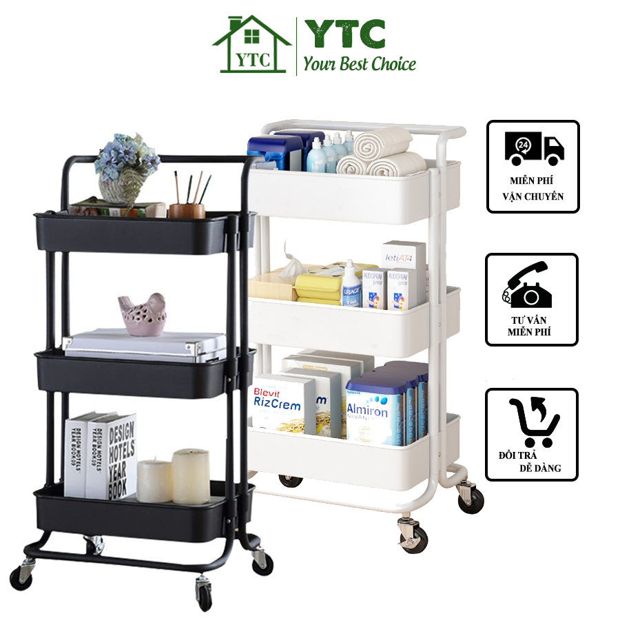 Xe đẩy YTC 3 Tầng Đa Năng -Kệ đựng đồ trong suốt có bánh xe cao su di chuyển siêu bền