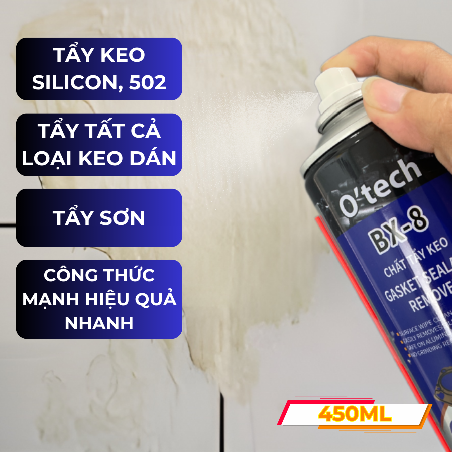 Chất tẩy keo silicon, keo dán gỗ, 502, AB, keo chống nước, tẩy ron, tẩy sơn O’tech BX-8 (450ml) Gask
