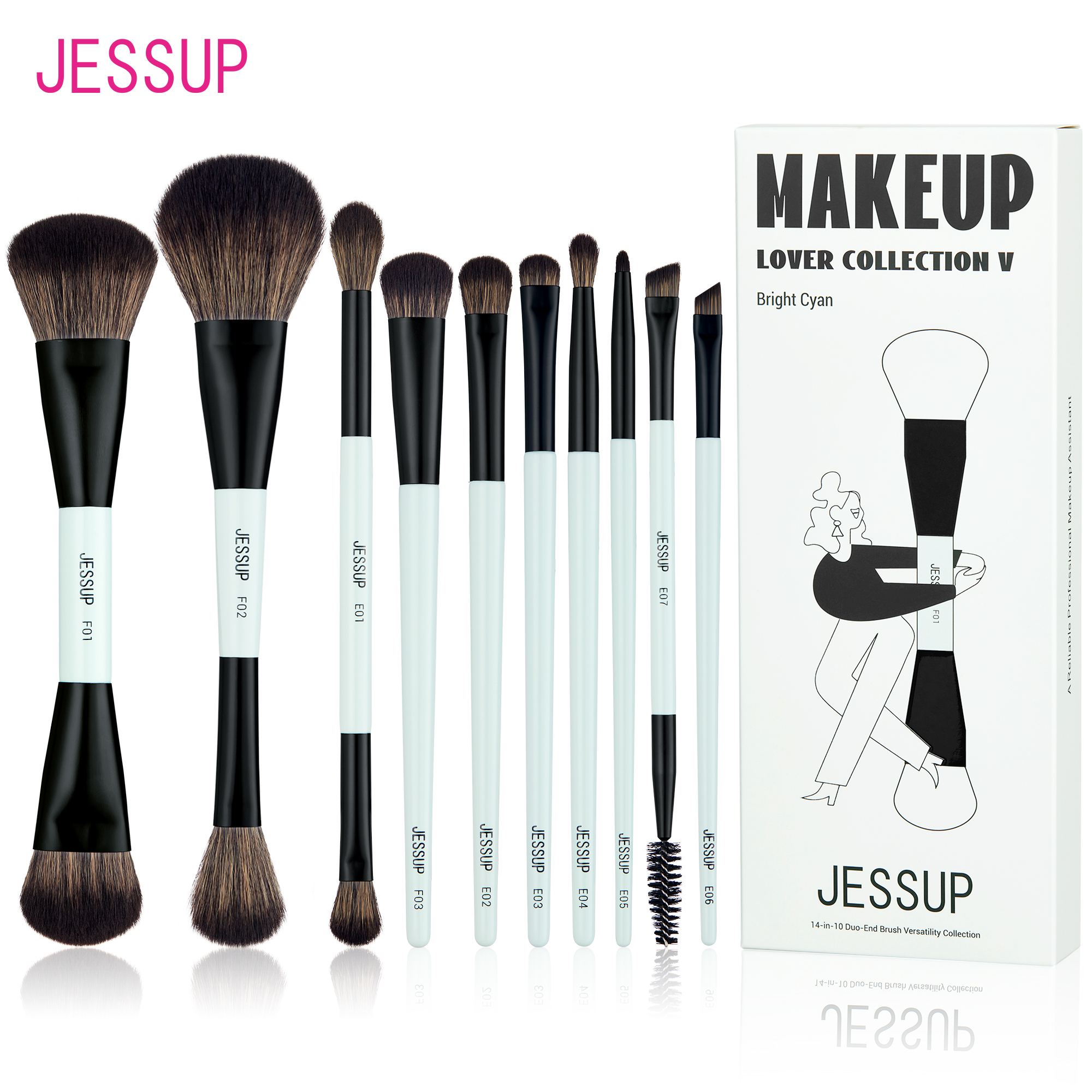 Jessup Bộ cọ trang điểm 10 chiếc, Kem nền hai mặt Contour Blush Highlight Blending Brush Brush Eyeshadow Eyeliner Concealer Brush, Bright Cyan Cruelty Free Cosmetic Tools T500
