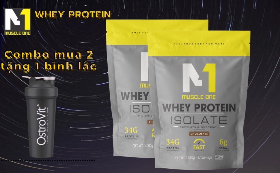   combo 2 túi tặng bình  whey protein isolate MUSCLE ONE 2kg sữa tăng cơ giảm mỡ 