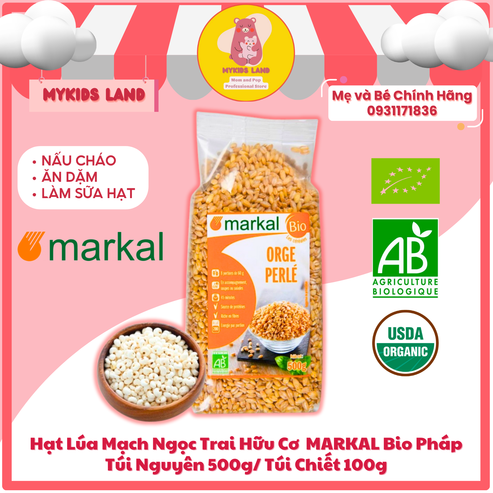 Hạt lúa mạch ngọc trai hữu cơ markal bio pháp 500g - nấu cháo - ăn dặm - làm sữa hạt