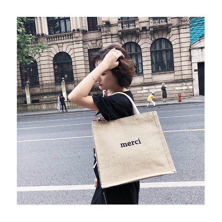 Túi xách tay túi đi làm đi chơi dạng túi cói merci loại 1 size to vintage đeo vai, đeo chéo đi biển màu nâu trơn