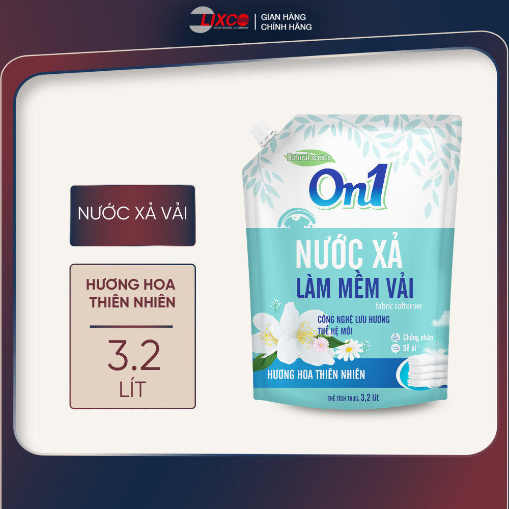 Nước xả làm mềm vải On1 đậm đặc hương hoa thiên nhiên túi 1,8L/2.2L/3.2L - Nước xả hạt lưu hương thơm lâu thấm sâu sợi vải- Lixco Việt Nam