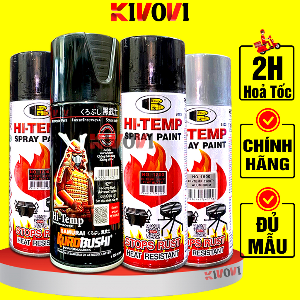 Sơn Chống Cháy Samurai /BOSNY Đen Mờ, Bạc CHÍNH HÃNG -Sơn Màu Đen Chống Cháy Cho Bô Xe, Lò Vi Sóng, Lò Nướng, Lốc Máy Xe - Sơn Xịt Samurai Chịu Nhiệt Pô Xe - Sơn Chịu Nhiệt Phun Pô Xe Máy, Oto Kivovi