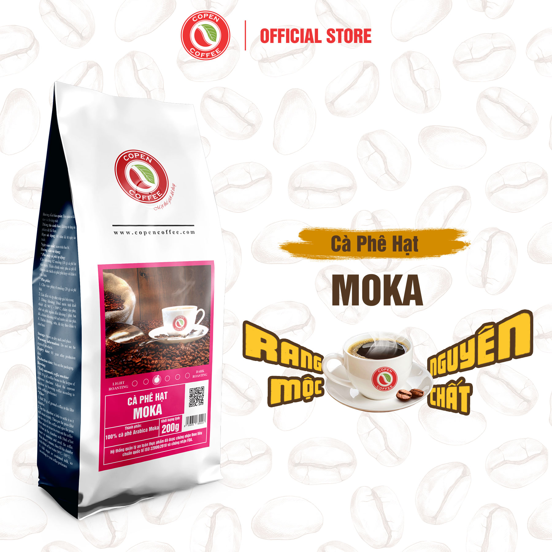  Cà phê hạt Moka gói 200g  ST  - Rang mộc nguyên chất - Đắng nhẹ chua thanh thơm quyến rũ dài lâu - Pha máy pha phin - Copen Coffee 