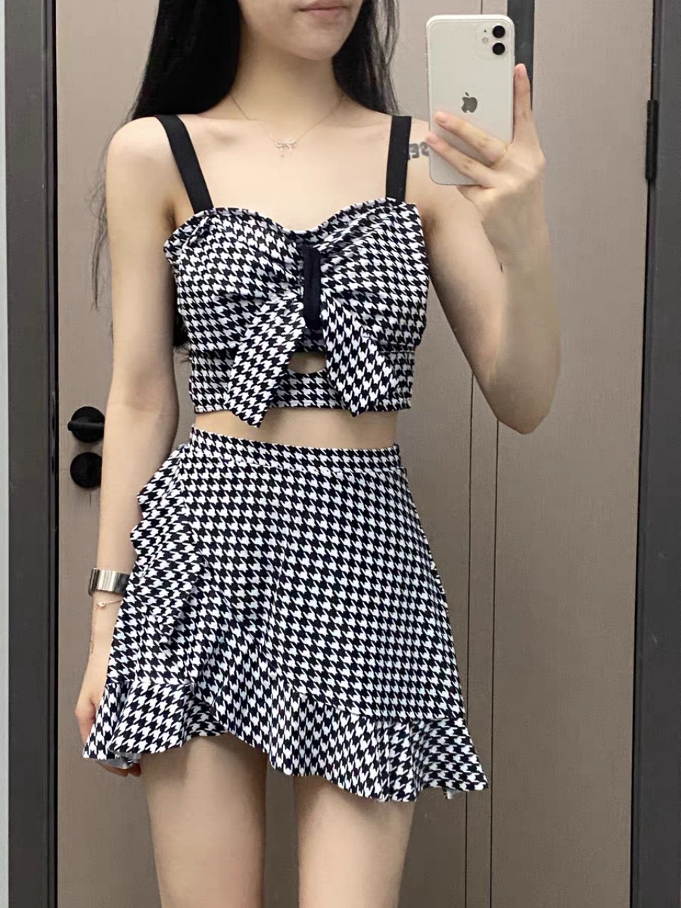 Bộ đồ bơi nữ bikini dáng váy nơ xinh họa tiết thun đẹp