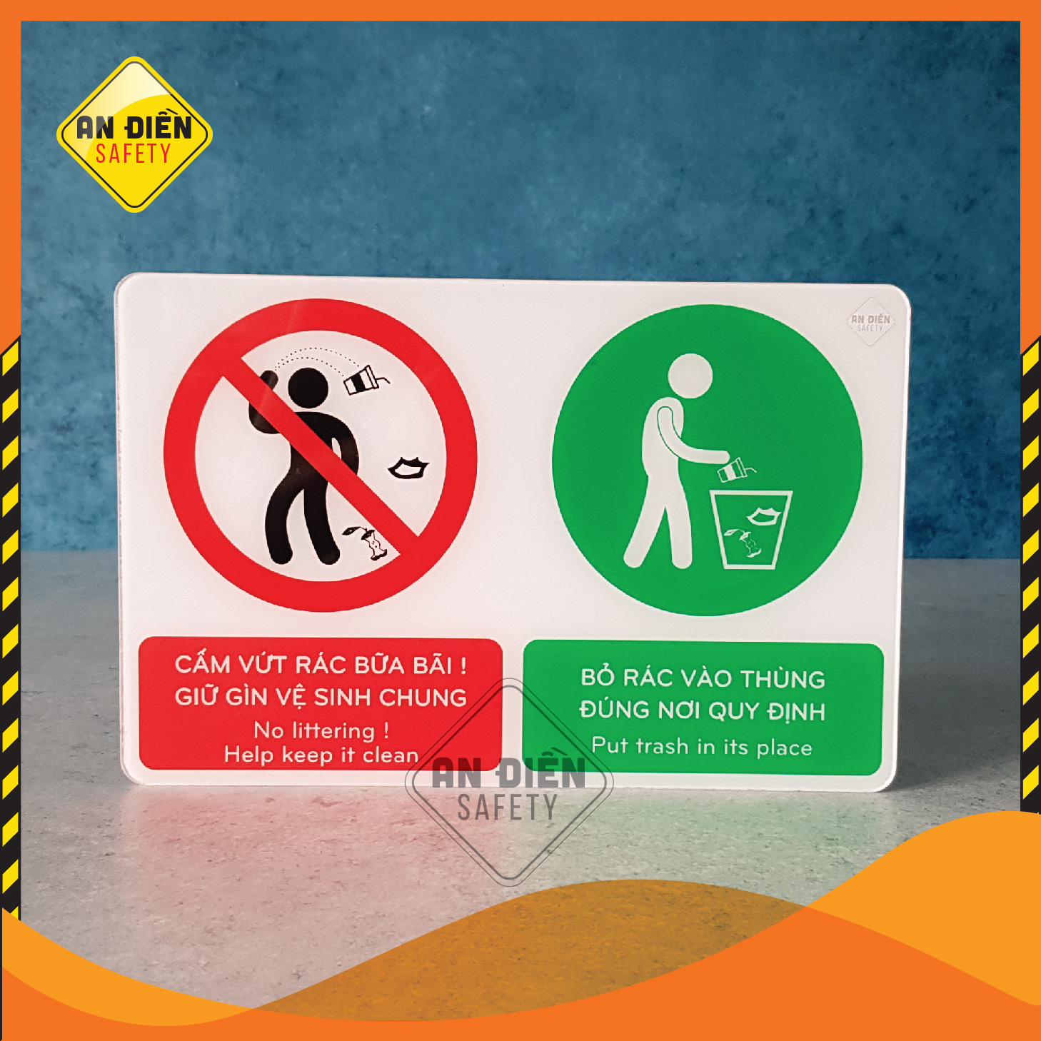 Biển báo An Điền Safety - Biển báo mica cao cấp CẤM XẢ RÁC - Tặng kèm miếng dán tường keo 3M