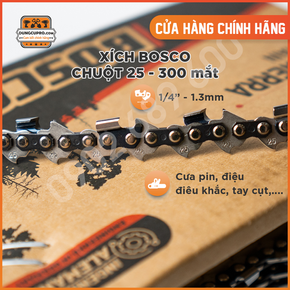 Xích máy cưa bosco chuột 25 2 nướu - 32/34/38/42/43/45/48 mắt - chuyên dùng để điêu khắc, tạc tượng