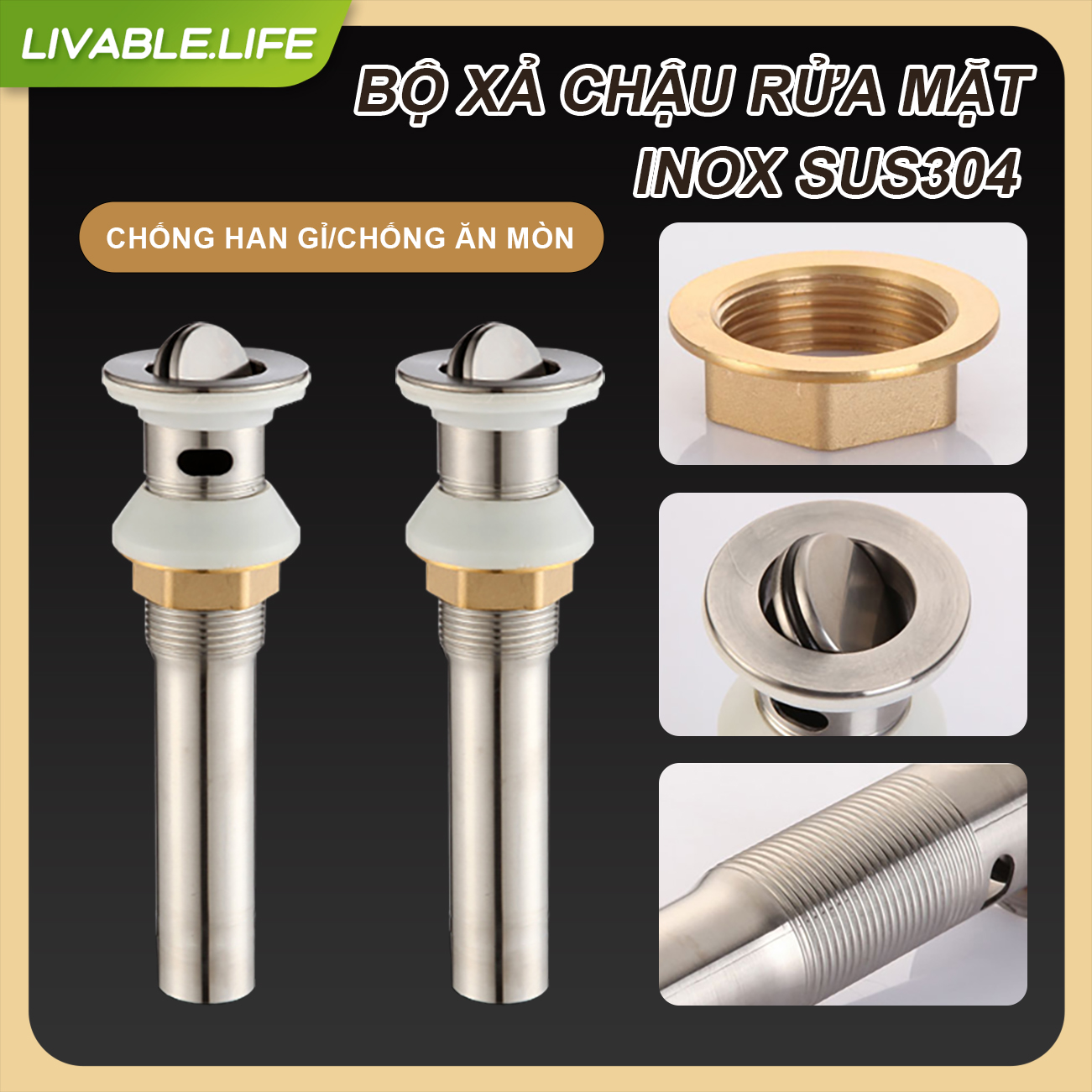 304 Xi phông xả Lavabo Inox Đồng,Xi Phông Inox 304, Xi phông thoát nước chậu rửa mặt, Lắp đặt dễ dàng phù hợp