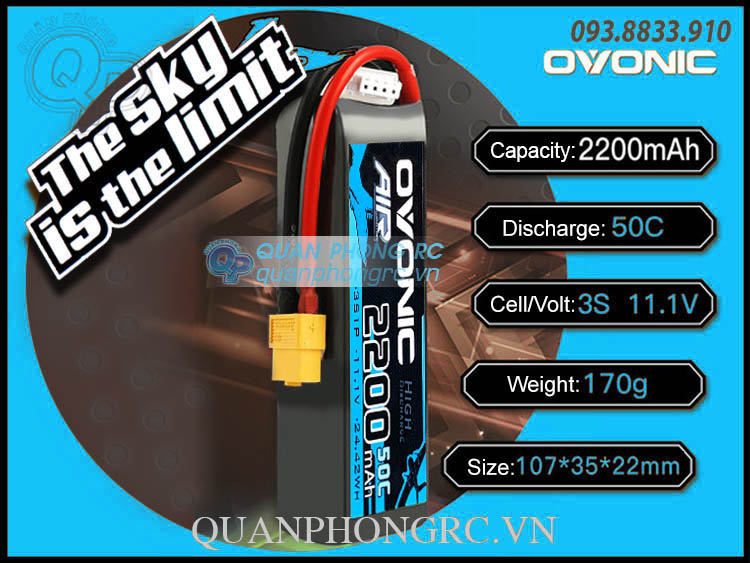 Ovonic air 2200mah 3s 50c 11.1v lipo battery xt60 plug