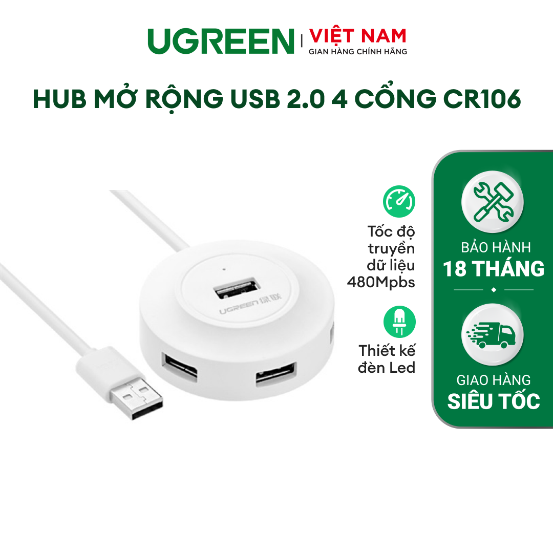Hub USB 2.0 4 cổng tốc độ cao UGREEN CR106 CR123 | Tốc độ lên đến 480Mpbs | Thiết kế đèn Led | Bảo hành 18 tháng 1 Đổi 1