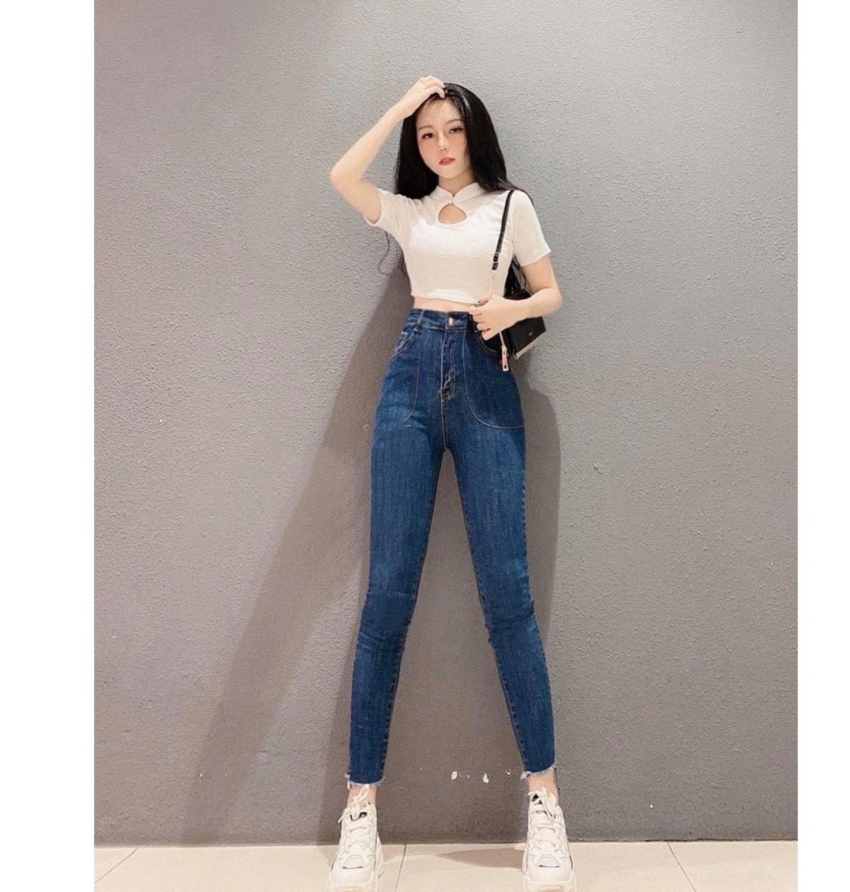 Quần Jean Nữ Lưng Cao PHỐI CHỈ HÌNH TÚI siêu hot trend chất jean giãn tốt -11