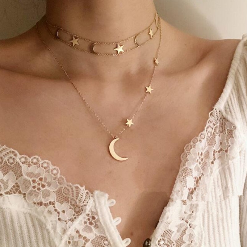 Bộ 2 sợi dây chuyền choker trăng sao titan ko đentt 2974