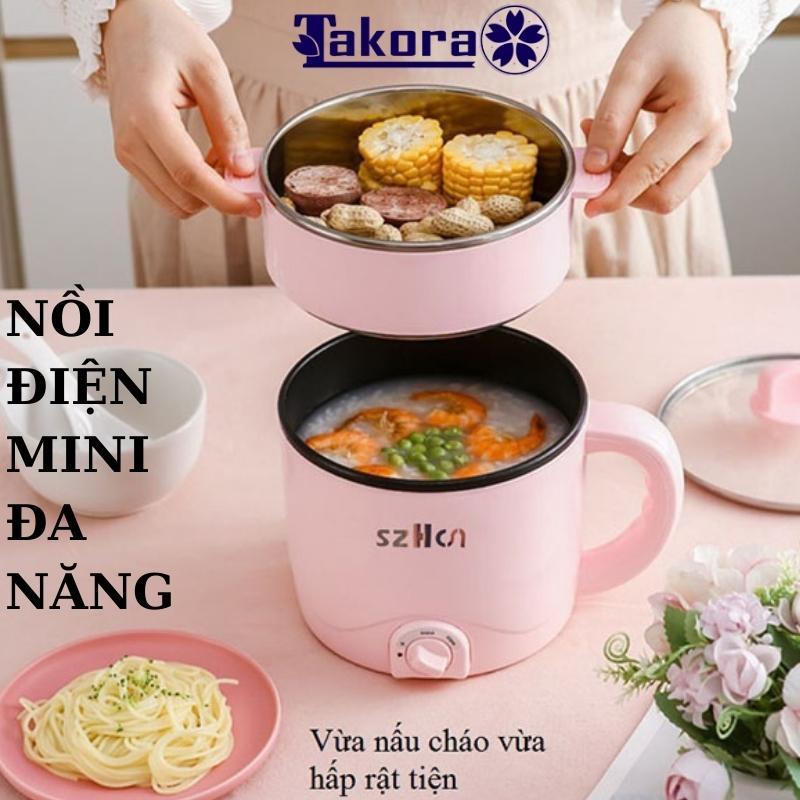 Nồi điện mini đa năng chống dính 2 tầng 2 nấc nhiệt chính hãng Takora cao cấp loại tốt dung tích 1.5L nấu lẩu, nấu mì