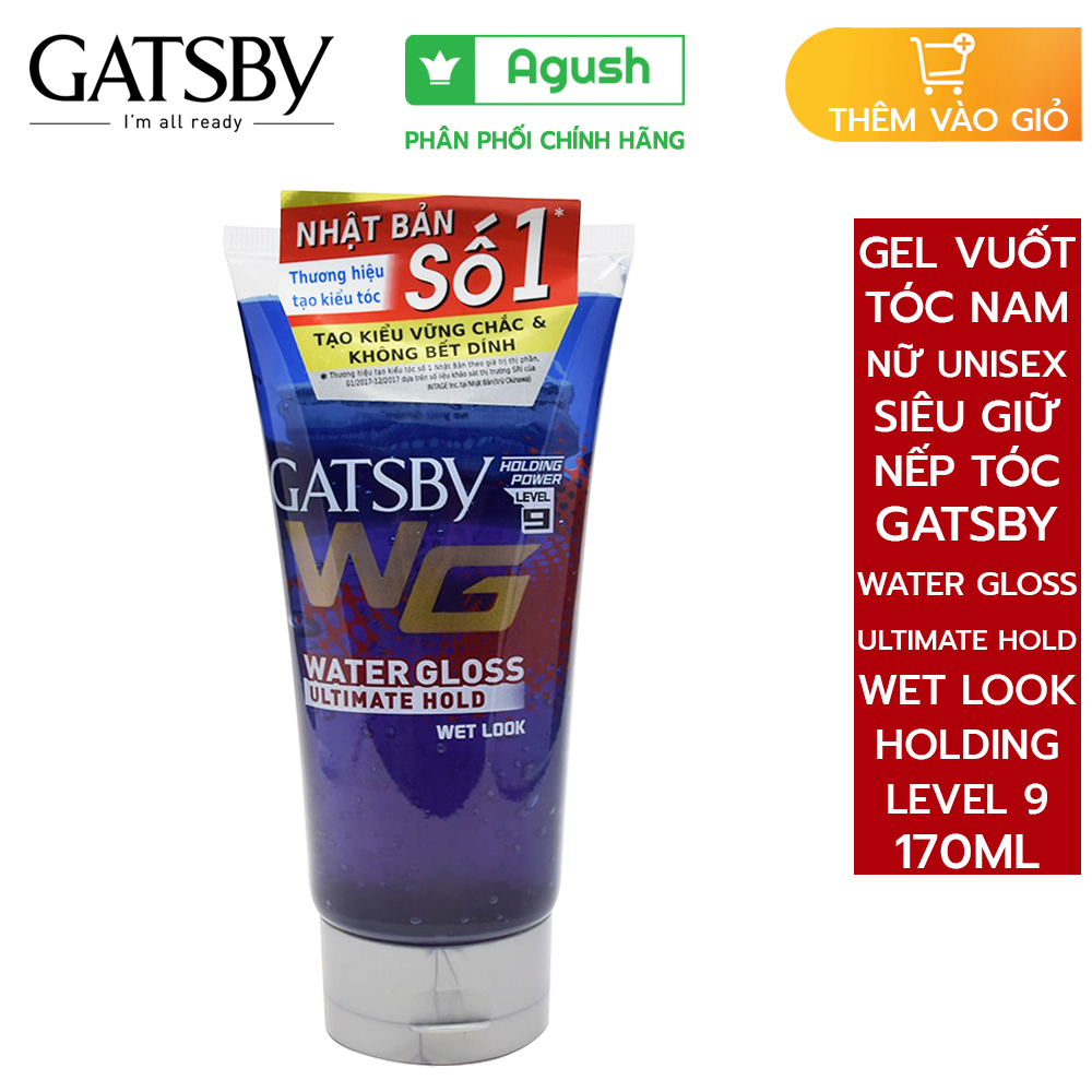 Gel vuốt tóc nam nữ unisex thơm tạo kiểu cứng giữ nếp lâu chính hãng nhật bản Gatsby Water Gloss Ultimate Hold Wet Look Hair Gel Holding Level 9 170g vuốt tóc khô được cả cho bé trẻ em tạo nếp cố định bóng mượt dạng nước không bết dính dễ rửa sạch