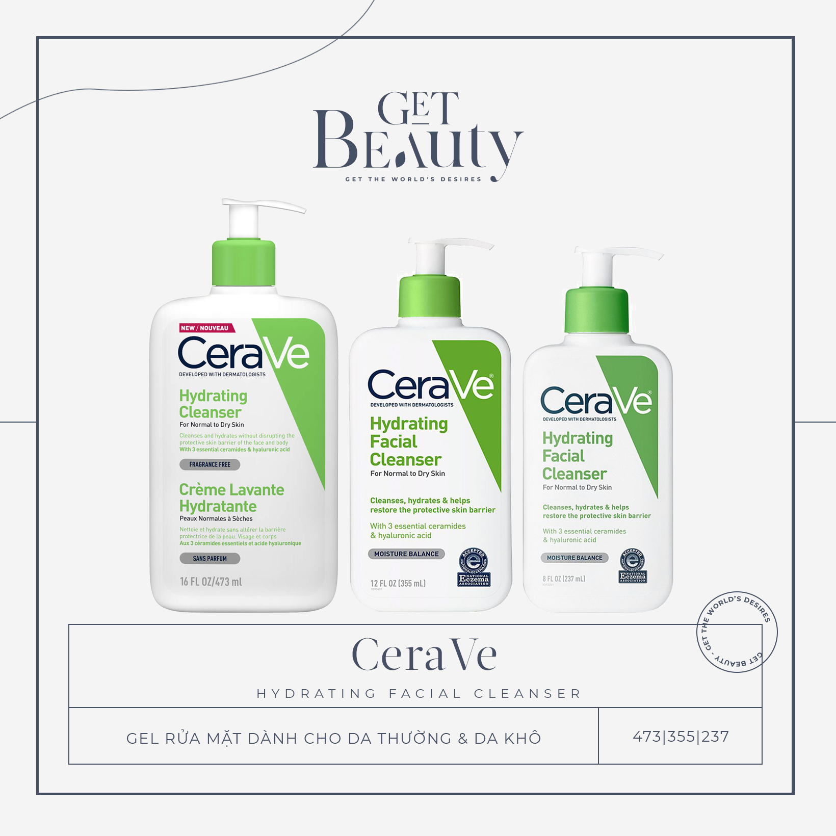 [HCM]SỮA RỬA MẶT DÀNH CHO DA KHÔ CERAVE HYDRATING FACIAL CLEANSER 237ML | 355ML | 473ML