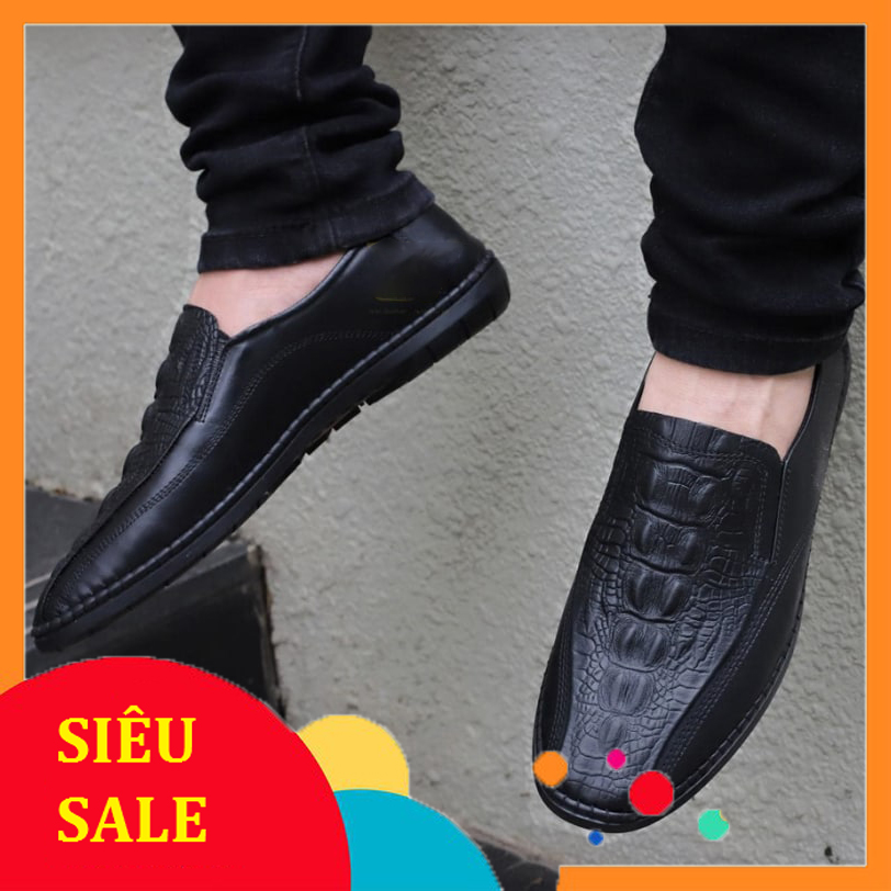Giày lười nam da bò vân cá sấu đế cao su siêu bền mã CS09