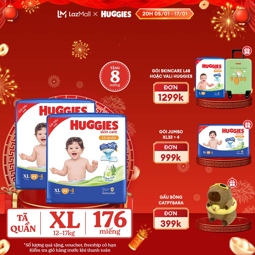 CHỈ 20H 0517.01 GIẢM THÊM 90K Combo 2 Gói Tã/bỉm quần HUGGIES SKINCARE MEGA JUMBO size XL844 miếng