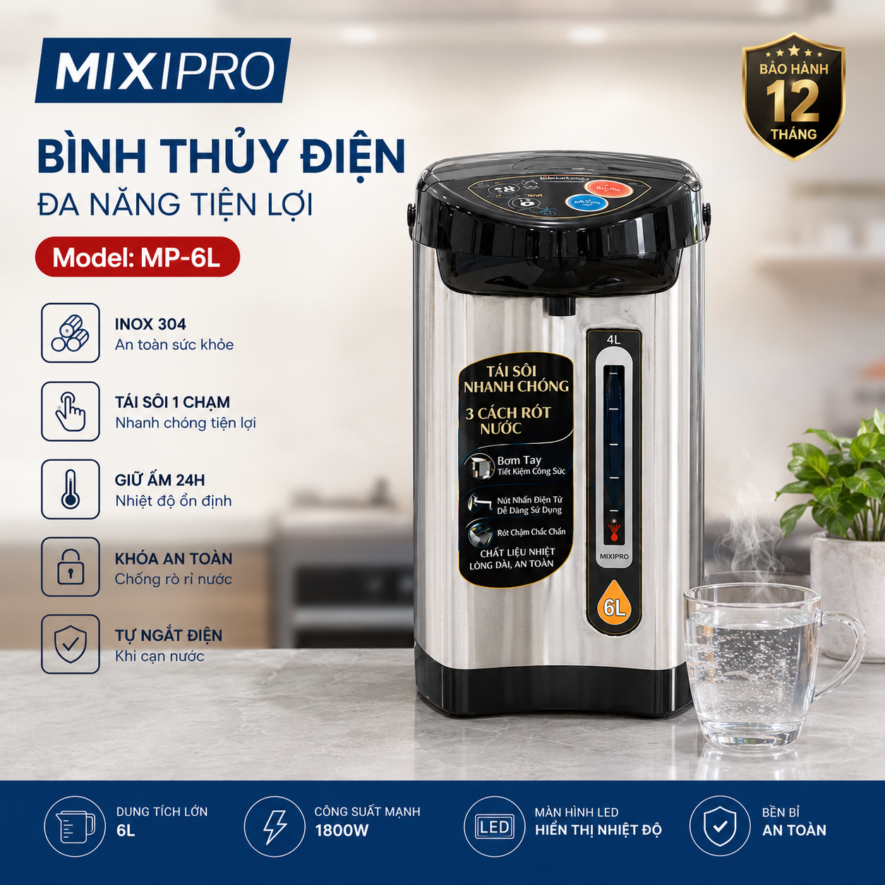 304 Stainless Steel Thermos Bottle 6L – Boils Again with 1 Touch |   3 Water Pouring Modes |   Smart Thermal Control |   High Quality Family Water Heater