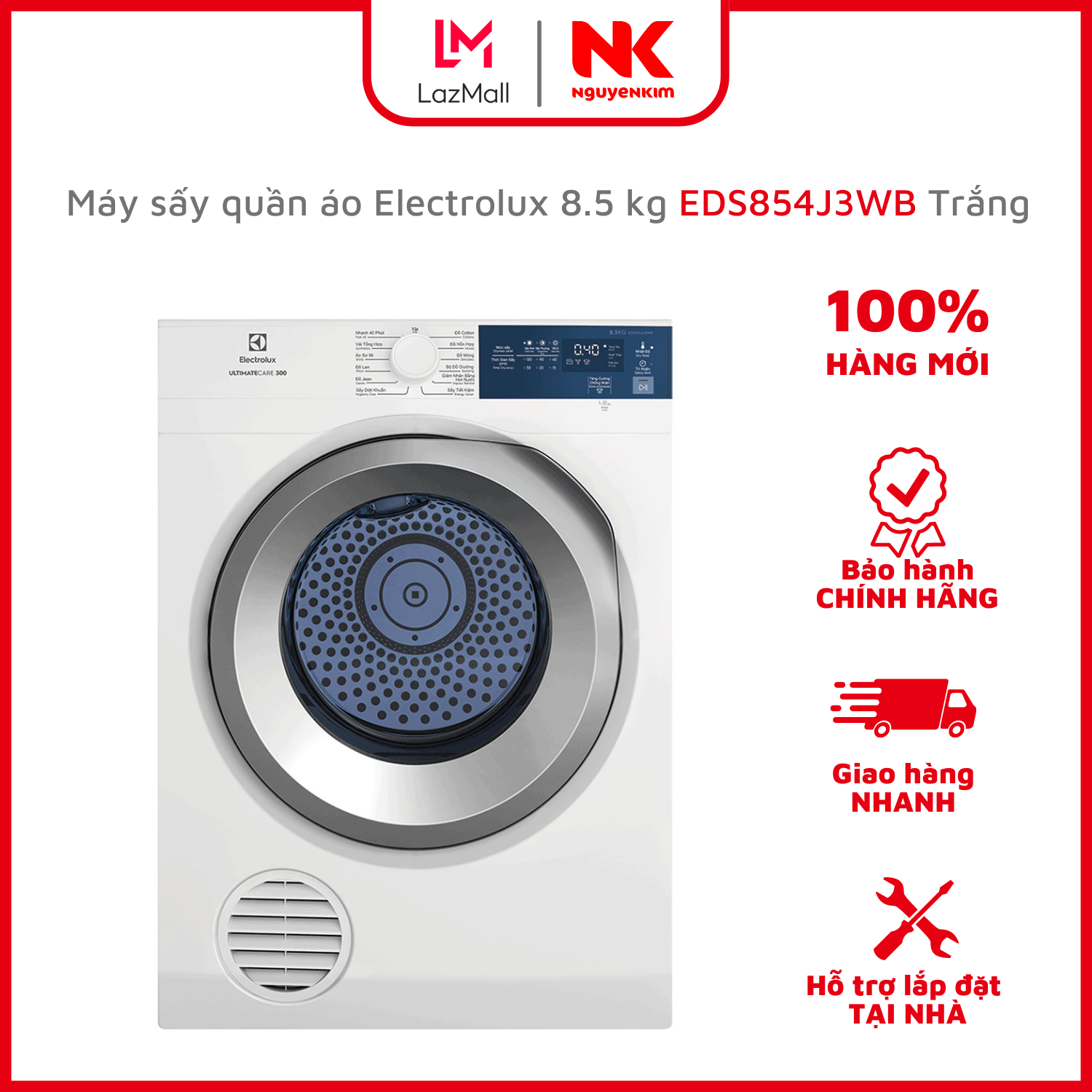 Máy sấy quần áo electrolux 8.5 kg eds854j3wb trắng