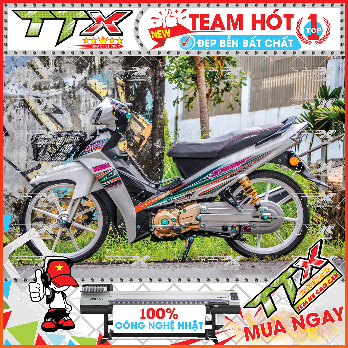 Tem rời sirius hoa văn xoắn , Team chế sirius dán xe màu đen nền bạc tuyệt đẹp , Shop TTX Tem xe sirius