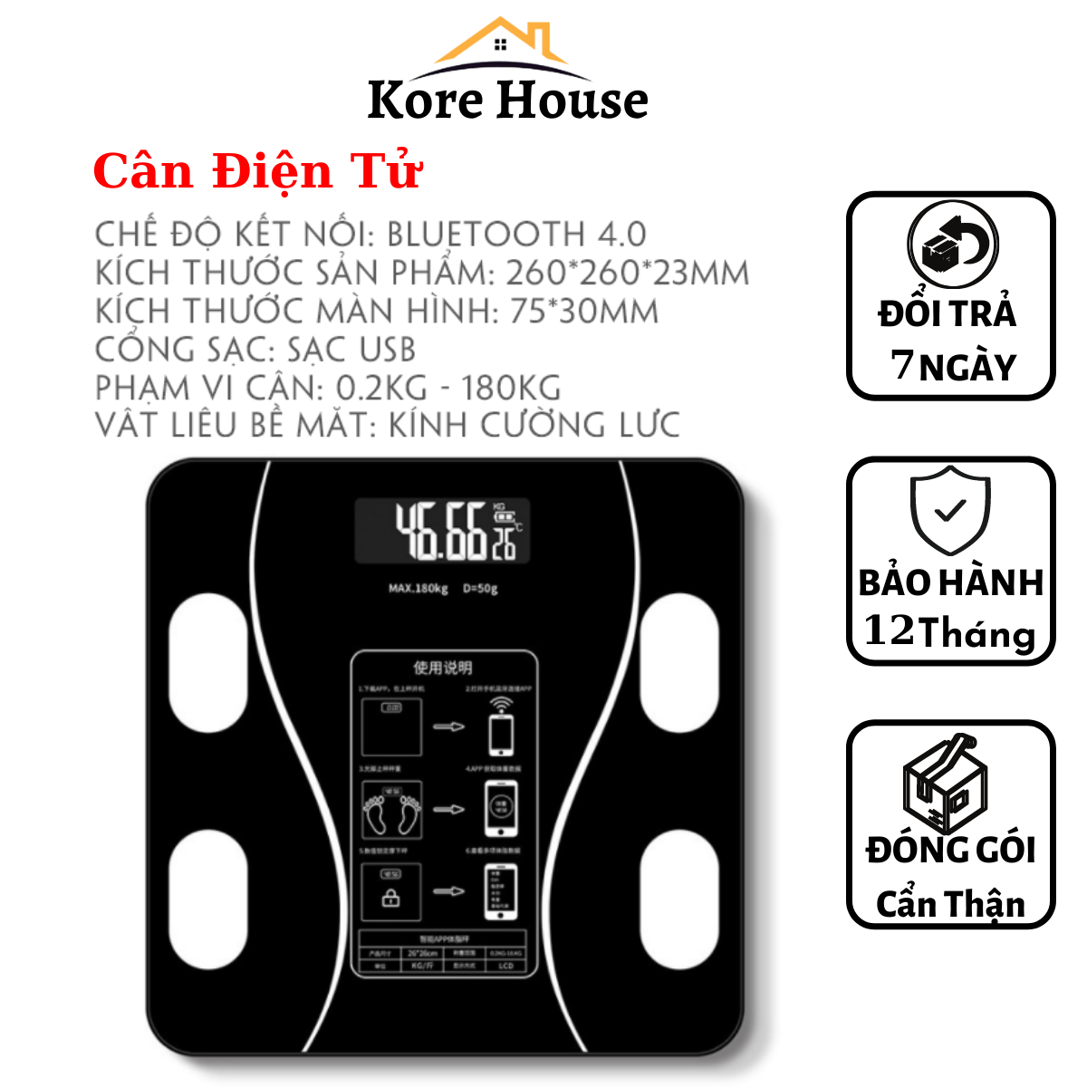 (Bảo Hành 12Tháng) Cân điện tử đo sức khỏe thông minh kết nối bluetooth, đo lượng mỡ, nước trong cơ thể, tính chỉ số BMI