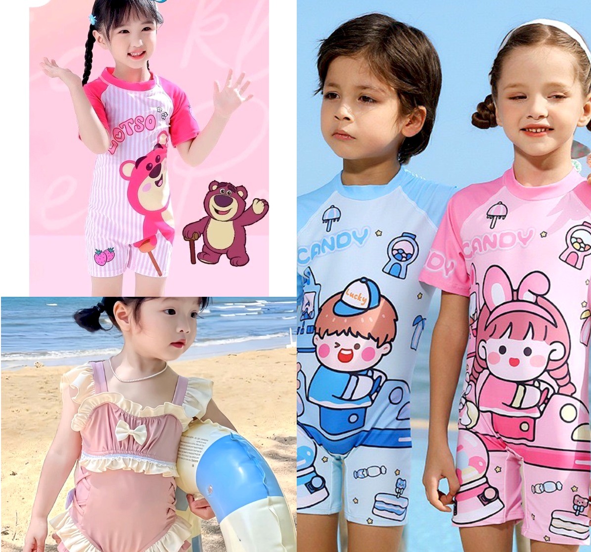 (10-33kg, dưới 1m3) Đồ bơi, Bikini liền thân gấu dâu kẻ sọc hồng, bé trai, bé gái kèm nón đi biển, đi chơi