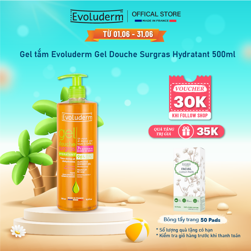 Gel tắm Evoluderm Surgars dưỡng ẩm chiết xuất 7% Glycerin và Bơ hạt mỡ Gel Douche Surgras Hydratant 500ml