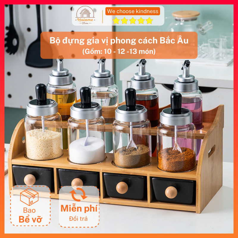 Bộ lọ đựng gia vị, lọ dựng gia vị kèm kệ gỗ 10, 13 món đựng phong cách Bắc Âu dùng cho phòng bếp gia đình