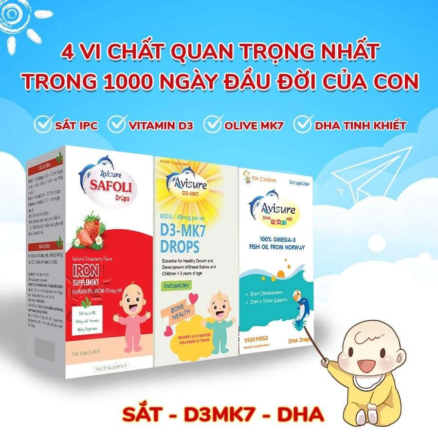 [Kèm Quà Tặng] Bộ 3 AVISURE KID - Sắt Safoli - Avisure D3 Mk7 - Smart Kid DHA cho bé cao lớn thông minh khỏe mạnh