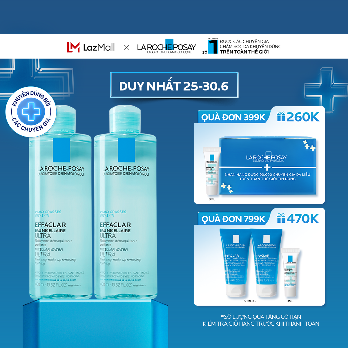 Bộ sản phẩm nước tẩy trang làm sạch sâu giàu khoáng dành cho da dầu nhạy cảm La Roche-Posay Effaclar Micellar Water Oily Skin 400ml