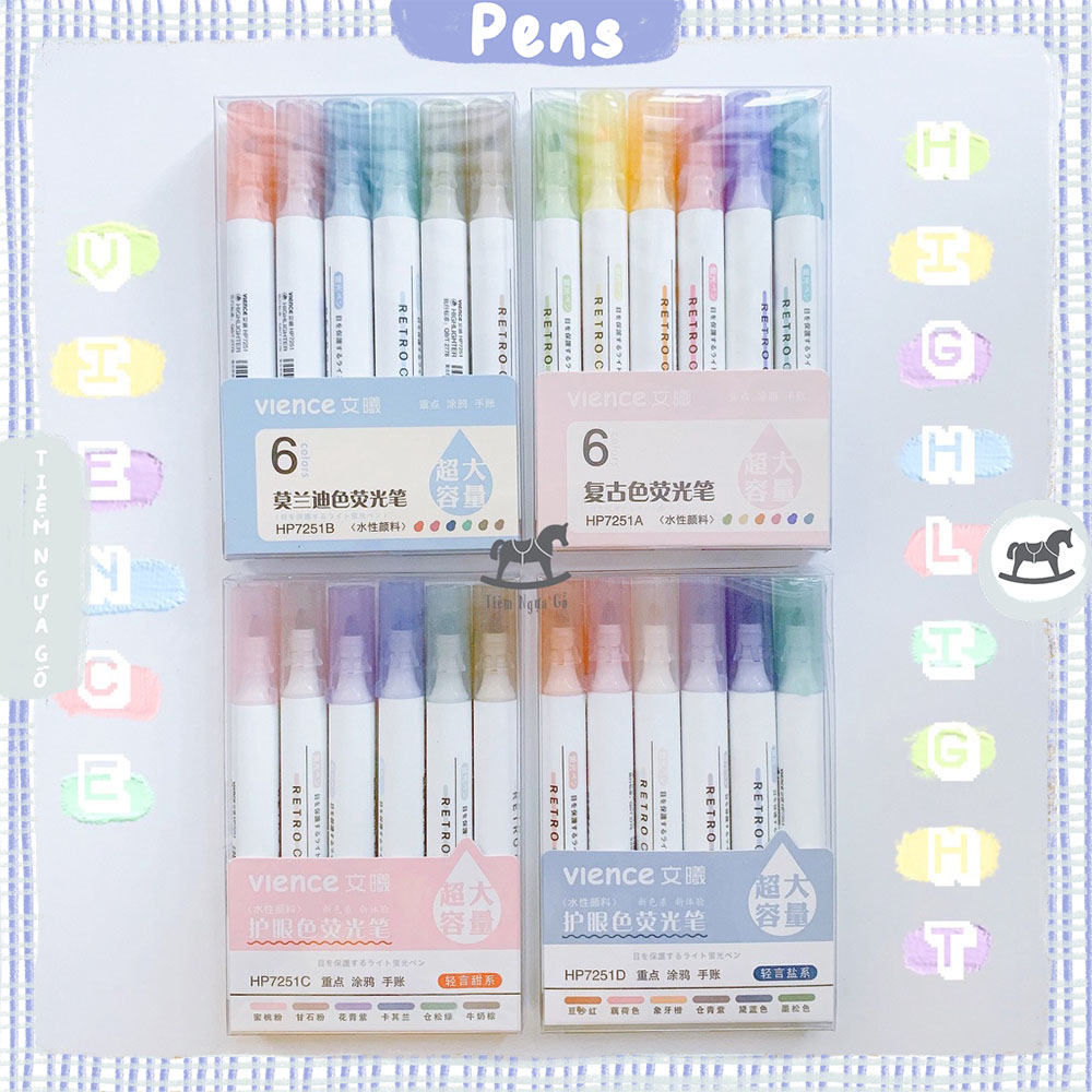 Hộp 6 bút highlight vience hp7251 đánh dấu màu pastel- tiệm ngựa gỗ