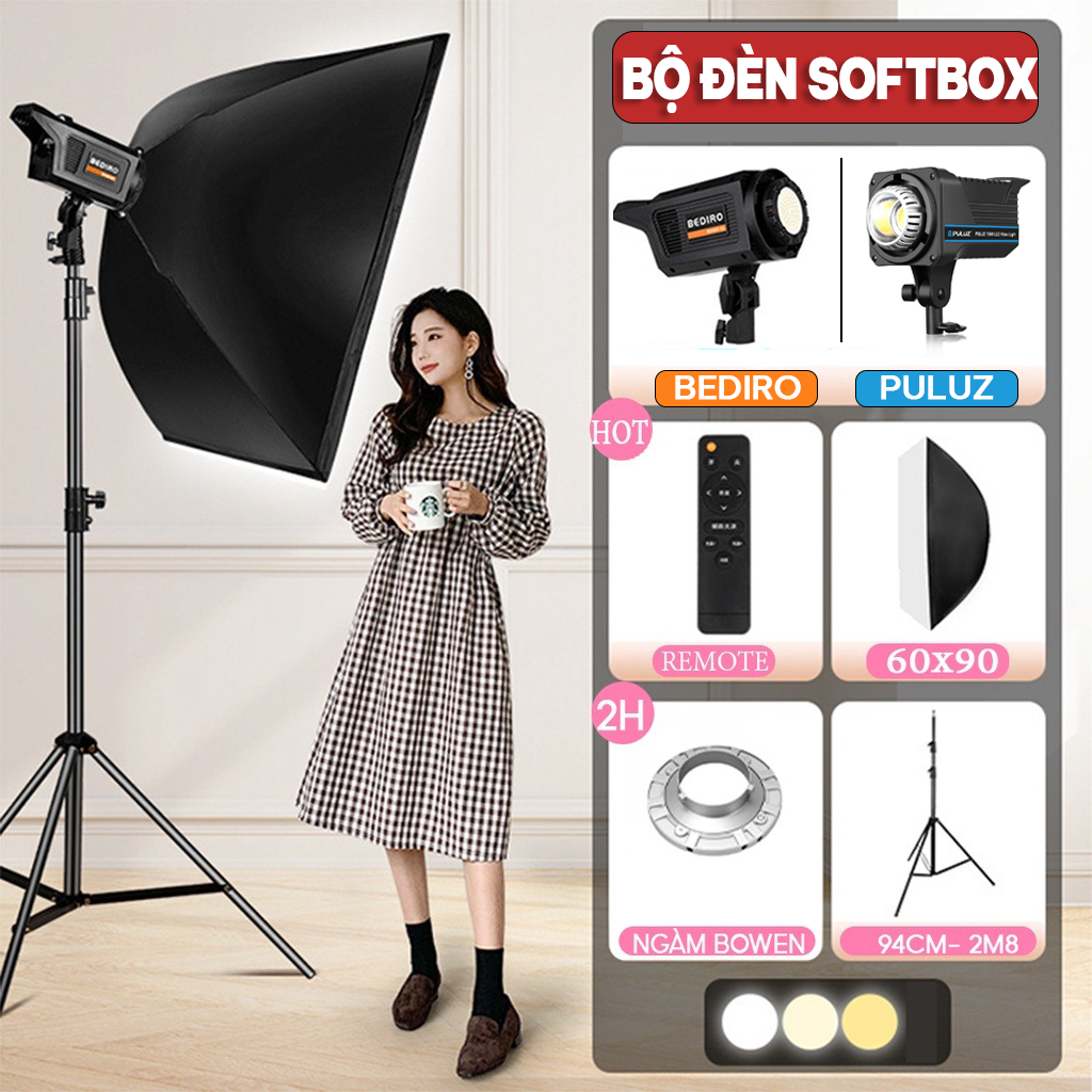 Combo Đèn Bediro BD-800S/ Puluz 120W Đi Kèm Softbox 60x90cm ngàm Bowens và Chân Đèn Tripod 2m8 Đen Tùy chỉnh Chiều Cao
