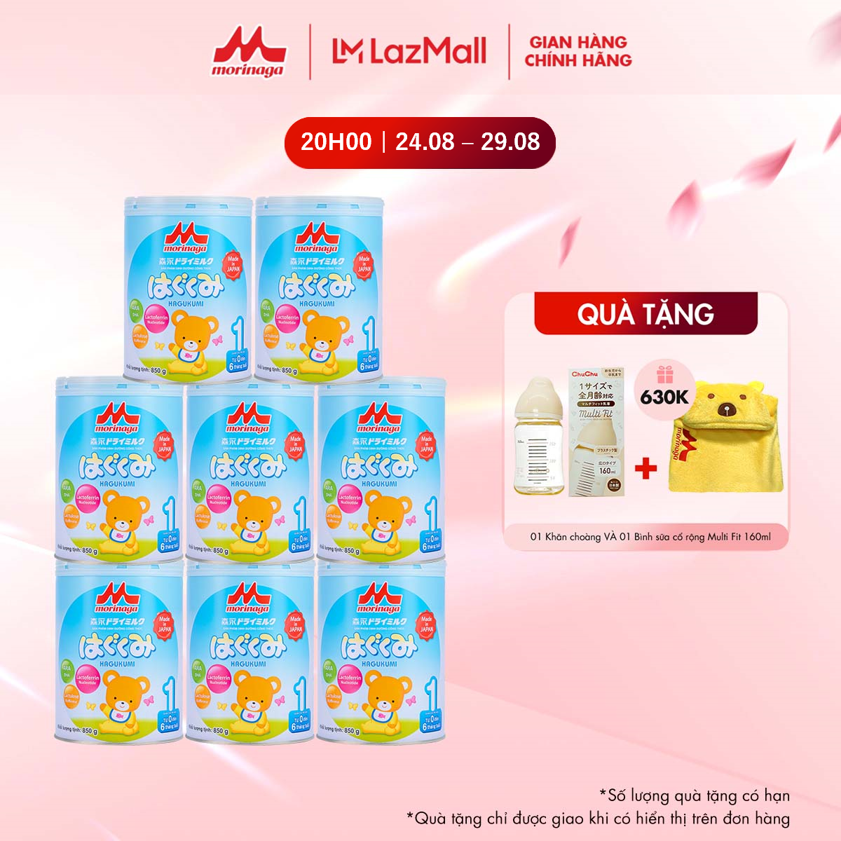 Thùng 8 lon sữa morinaga hagukumi số 1 850ge nhật bản tăng sức đề kháng, dha, canxi từ 0 - 6 tháng chính hãng