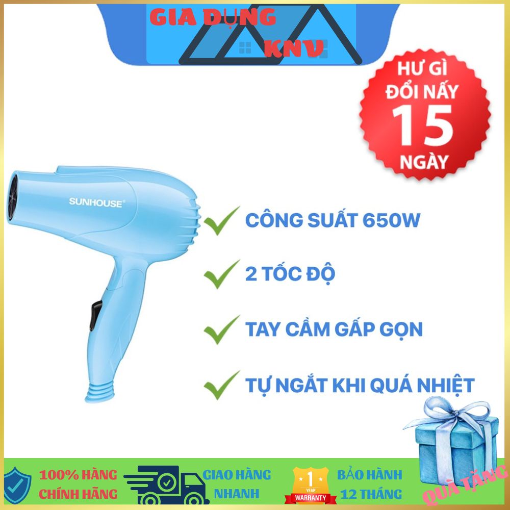 Máy sấy tóc Sunhouse, máy sấy công suất 650w, chế độ gió mạnh mẽ, tự động ngắt khi quá tải.